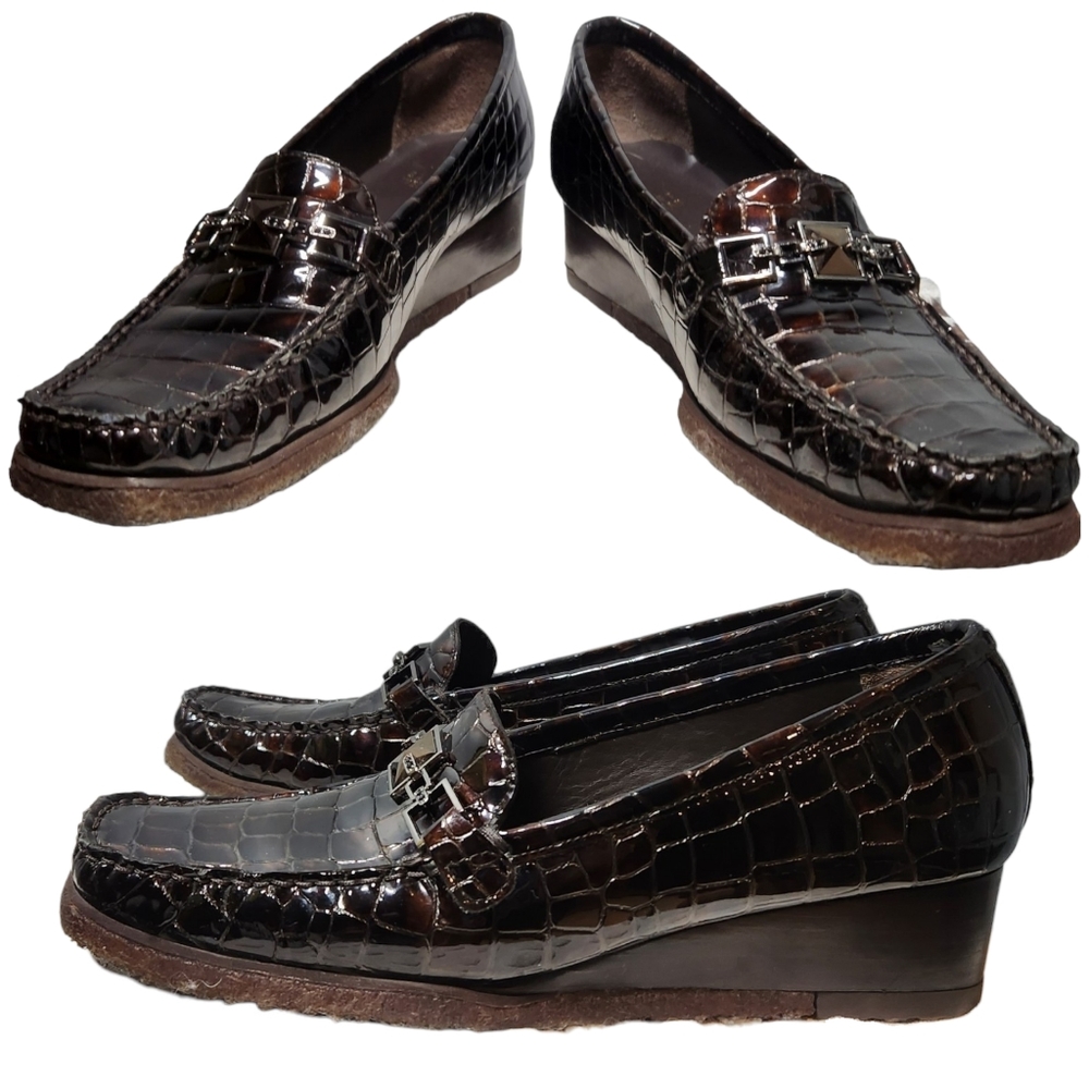 STUART WEITZMAN designer loafer ๐ shoes patented leather croc brown size 8.5 - Picture 1 of 16